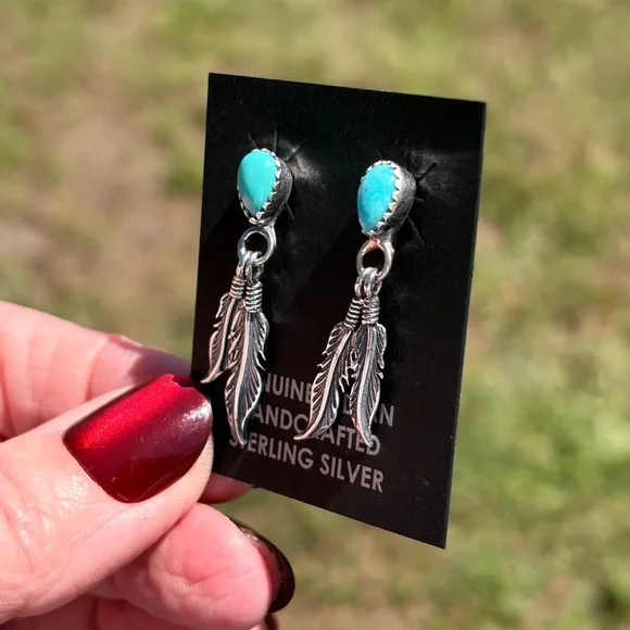 Native American Made Sterling Turquoise Feather Earrings - Picture 4 of 8